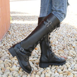 New Round Head High-Cvalry Knight Boots Belt Mouth Decoration Low-Heeling Women's Leather Boots Size