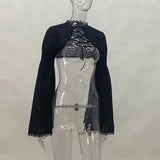 Dark Goth Bow Tie Lace Blouse Spring Fashion Trumpet Sleeve Casual