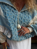 Spliced Denim Jacket Zipper French Hollow Cake Bubble Sleeve Long Sleeve Autumn And Winter