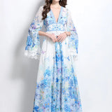 Style Dress Women 2025 Spring Dress Famous V Collar Horn Sleeves To Close The Waist Buckle Print Long