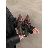 Women 2025 Spring And Summer New Retro Pointed Finger-Point Fine Heel Belt Buckle Single Shoes With Skirt