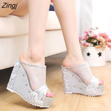 Net yarn High heels Women Wedges Sandals tongs slippers Platform Female Lace Increase mujer Shoes feminina