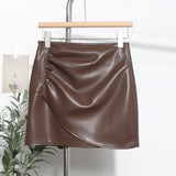 Real Shooting High-Waist Irregular Folded Cross A Word Pu Skin Small Man Short Skirt Women Autumn And Winter Bag Hip Skirt
