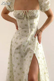 Women Floral Print Long Dress Summer Chic Short Sleeve Square Collar Split A Line Party Sundress Ladies Holiday Beach