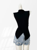 Zingj Temperament Korean Version Slim Slim Black Half High Collar Sleeveless Jacket Female Design Sense Careful Machine Hollow