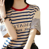 Version Of Loose Good-Looking Youth-Down Navy Blouse Woman! Letters Printed Short-Sleeved Cotton Striped