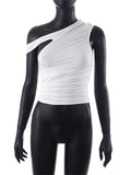 White Irregular Neck Off Shoulder Causal Tank Summer Streetwear 2023 Sleeveless Women Ruched Slim Fit Mini Vest