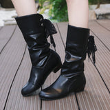 Autumn And Winter Large-Size Knight Boots Low And Round Head After The Tie With Warm Mid-Sleet Boots