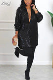 Spring Women Sequins Dress Ladies Casual Slim Office Retro Elegant Turn-down Collar High Waist Long Sleeve Party
