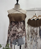Shot Shoulder Cross Hanging Neck Knitting Mesh Yarn Coat Irregular Ribbon Horn Long-Sleeved T-Shirt