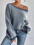 Temperament Collar Spring And Autumn Knitted Sweater Classic Stripe Bump Color Cover Casual