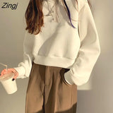 No Hat Hoodies Women Sweet Student Baggy Ulzzang Female Harajuku Streetwear All-match Vintage Elegant Cropped Cozy