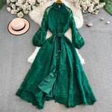 Stand-Up Single Buckle Heavy Industry Hook Flower Embroidery Lantern Sleeve With A Long Dress With A Big