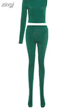 Casual Street 2 Piece Set Women Long Sleeve One Shoulder Skinny Tops+Body-Shaping Foot Pants Female Matching