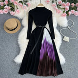 Zingj Knit Splicing Dress Simple Temperament Round Collar Long Sleeve Gradient Slim Thin Long Skirt