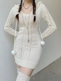 Korean Fashion Bodycon Hooded Knitted Sweater Dress Mini Cute Solid Hairball Autumn Winter Dresses Casual Slim