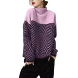 Autumn And Winter New Lazy Wind High-Neck Long Sleeves Colliding Splicing Knitted Shirt Retro Loose Jacket Warm