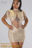 Sequined Tassel Sleeve Mesh Patchwork Bodycon Midi Dresses for Women Winter Autumn Sexy Party Club Even Dress