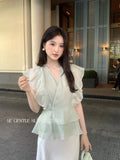 Xixi 13 Lines 2025 Summer New Korean Version Of Temperament Chiffon Shirt V-Necked Leaf Sleeve Top Female