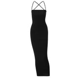 Zingj New Women's Summer Sexy Neck Back Tie Dress Solid Color Long Dress