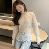Spring New Lace Bottoms Shirts Sexy Women Long Sleeve Hollow Out Korean Clothes Fashion Thin Mesh Tops Elegant Female