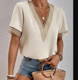 Women's Dress V-Neck Lace Loose Top Commuter Short-Sleeved Shirt Women Splicing
