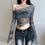 Girl Sexy Net Yarn Abstract Print Oblique Shoulder T-Shirt Girl 2025 Fall INS Umbilical New