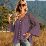 Hollow Out Crochet Lace Shirt 2023 Fashion Women Tops Solid V-neck Shirts Flare Sleeve Loose Blouse Casual Blusas
