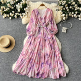Temperament Elegant Dress Women's High-End Lantern Sleeves To Close The Waist Thin V-Neck Print Lotus Leaf Side