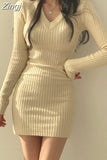Sexy V-Neck Slim Ribbed Knitting Bodycon Dress for Women Korean Long Sleeve Sweater Mini Dresses Autumn Winter 2023