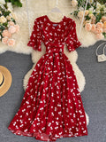 Women Polka Dot Midi Dress Vintage V-Neck Short Flare Sleeve Bandage A-Line Vestidos Female Casual Robe New