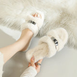 And Winter New Hairy Shoes With Plush Warm Metal Plus Plush Outside Wearing Flat-Bottom Slippers Women's Foot