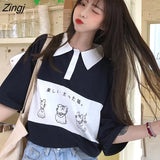 Womens Summer Button Turn-down Collar Patchwork Cartoon Printed Japanese Kawaii Preppy Style Students Cute Button