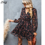 PETAL Black Floral Chiffon A-Line Mini Dress Woman Sexy V-neck Long Sleeve Party Dress 2023 Spring Autumn Female