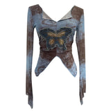 Shooting Pure Sexful V-Neck Umbilly T-Shirt Female Hairy Denim Butterfly Embroidered Mesh Yarn Long Sleeve Top