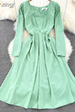 Vintage Women Square Collar Midi Dress Elegant Green/Pink/Red High Waist Slim Draped Big Swing Vestidos Female Robe
