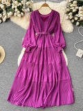 Women Draped Long Dress Vintage V-Neck Lantern Sleeve High Waist A-Line Pleated Maxi Vestidos Purple/Red/Blue Robe