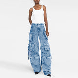 Zingj Spring And Autumn New Fashion Smoke Gray Splicing Multi-Pocket Cargo Pants Street Water To Make Old Long Wide-Leg