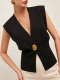 Women's Elegant Casual Knitted Vest Deep V Collar Simple Fashion Commuting Temperament