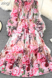 Vintage Women Floral Chiffon Midi Dress Elegant Ruffle Stand Collar Lantern Long Sleeve High Waist Big Swing Draped
