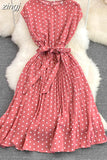Vintage Polka Dot Pleated Dress Women Red/Green/Black Draped Knee Length Vestidos Female Elegant Robe New