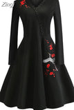 V-neck Embroidery Slim Bodycon Women Long Sleeve Winter Elegant Vintage Black Party