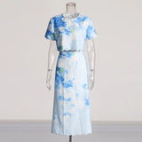 Fashion Casual Suit Women's 2025 New High-End Women's Clothing Print High-Waist Short-Sleeved Skirt