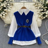 Style High-Level Light Luxury Lady Suit Women Autumn And Winter Solid Color Loose Long-Sleeved Shirt + Sleeveless Knitting