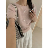 Chic Spring And Summer Little Bow Bow Short-Sleeved Collar Knitted Jersey Girl Spring Sweet Soft Foam Bubble Sleeve