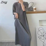 Sleeve Dress Women Summer Ulzzang New Leisure Hot Sale Simple Solid Retro Fashion L-4XL Chic Soft Elegant Mid-calf