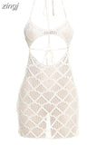 Knitted Hollow Halter Backless Mini Dresses Women Sleeveless See Through Lace Up Hip Skirts Vacation Beach