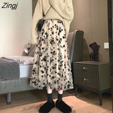 Tulle Skirt Women Vintage Butterfly Embroidery Elastic High Waist A-Line Mesh Pleated Skirt Female Midi Skirt Faldas