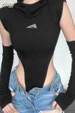 Women Black Bodysuits Fashion Streetwear Appliques Hooded Tops With Cuff 2023 New Spring