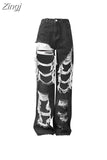 Design Y2k Ripped Jeans Women's Straight High Waist Wide Leg Black Denim Pants Hip Hop Fashion Streetwear Vintage